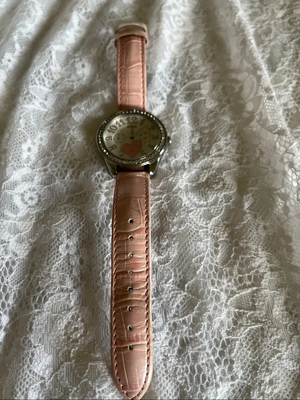 GUESS Pink Crystal-Trim Heart Dial Women’s Watch
